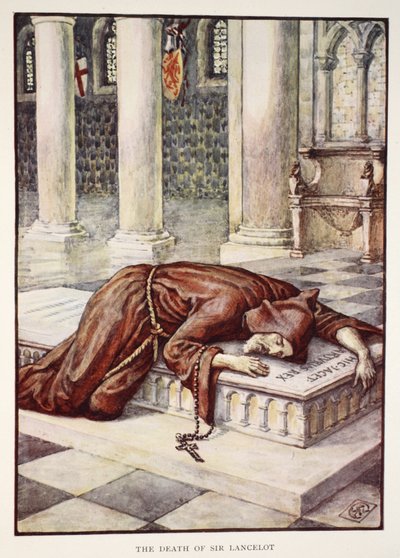 Smrt sira Lancelota, z „Příběhů rytířů kulatého stolu“ od Henryho Gilberta, první vydání, 1911 od Walter Crane