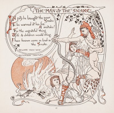 The Man & The Snake, ilustrace z Aesops Fables, hospoda. 1887 od Walter Crane