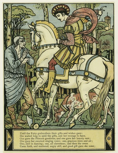 Princ se ptá na cestu v hospodě The Blue Beard Picture Book. 1879 (barevné lito) od Walter Crane
