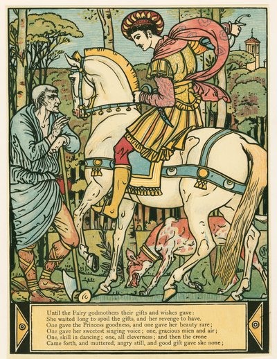 Princ se ptá na cestu v hospodě The Blue Beard Picture Book. 1879 barevná litografie, 1879. od Walter Crane