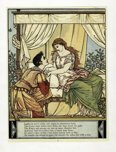 Princ probouzí Krásku, z The Blue Beard Picture Book, pub. 1879 (barevné lito) od Walter Crane