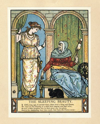 Princezna se učí točit, z The Blue Beard Picture Book, hospoda. 1879 (barevné lito) od Walter Crane