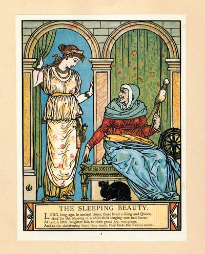 Princezna se učí točit, z The Blue Beard Picture Book, hospoda. 1879 barevná litografie, 1879. od Walter Crane