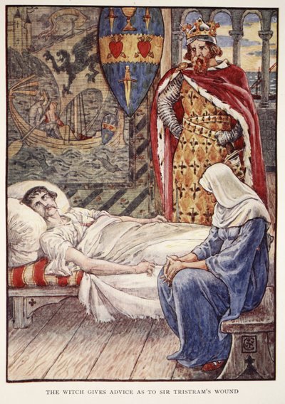 Čarodějnice dává rady ohledně zranění sira Tristrama z „Příběhů rytířů kulatého stolu“ od Henryho Gilberta, první vydání, 1911 od Walter Crane