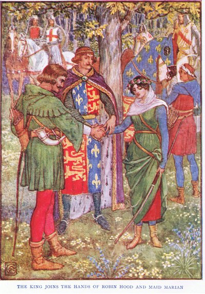 Král se připojí k rukou Robina Hooda a služebné Marian, kolem roku 1920 od Walter Crane