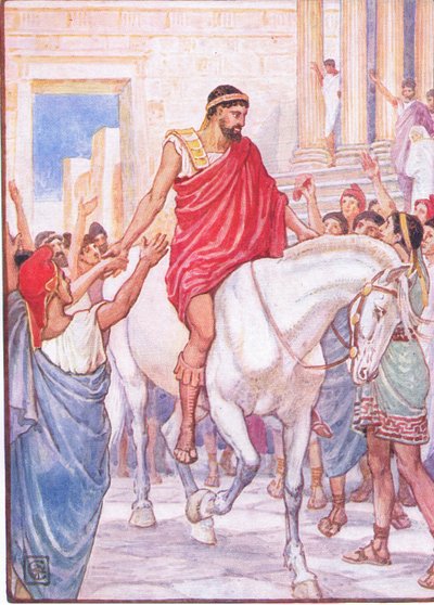 Dav ho pozdravil hlasitými aklamacemi, ilustrace z Příběhu Řecka, 30. léta od Walter Crane