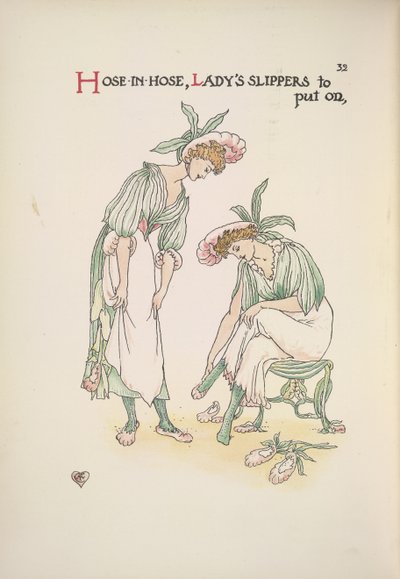 Dvě dámy si nazouvají pantofle od Walter Crane