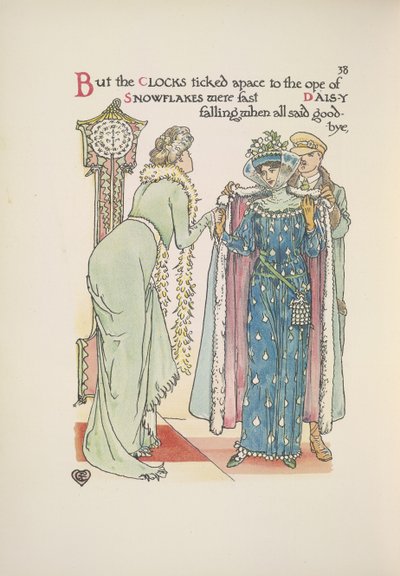 Svatební hosté odcházejí. Dáma, která se rozloučí; Muž, který jí pomáhá s kabátem od Walter Crane