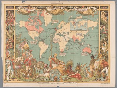Mapa světa zobrazující koloniální britské impérium, 1886 Imperial Federation, mapa světa ukazující rozsah Britského impéria v roce 1886 (název na objektu) od Walter Crane