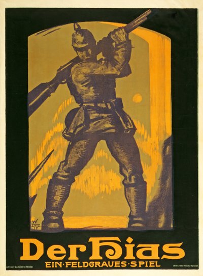 Plakát propagující hru The Hias, hra v šedé barvě od Heinricha Gilardoneho, vydaná v roce 1917 od Walter Ditz