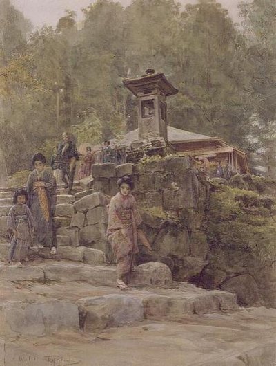 "Přístup k venkovské svatyni", ilustrace k "Japonsku a Japoncům", hospoda. od Methuena od Walter Frederick Roofe Tyndale