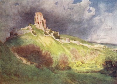 Wessex: (barevná litografie): Hrad Corfe, hrad "Corvesgate" z knihy The Hand of Ethelberta (barevná litografie) od Walter Frederick Roofe Tyndale