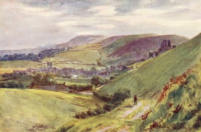 Wessex: Corfe Castle z Nine Barrow Down (barevná litografie) od Walter Frederick Roofe Tyndale