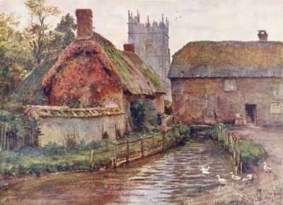 Wessex: Mlýn a kostel v Affpuddle u Dorchesteru (barevná litografie) od Walter Frederick Roofe Tyndale