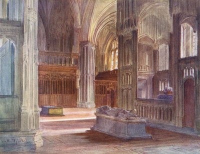 Wessex: (barevná litografie): retro-chór, Winchester Catherdral, se zpěvníky kardinála Beauforta a biskupa Waynflete (barevná litografie) od Walter Frederick Roofe Tyndale