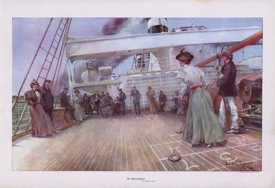 In Mid-Ocean: pasažéři si užívají hru shuffleboard na palubě lodi (barva litho) od Walter Granville Smith