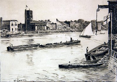 Starý kostel Chelsea z Battersea (kontura a wash na papíře) od Walter Greaves