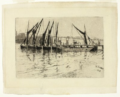 Vykládání uhelných člunů (recto); Náčrt budovy (verze) od Walter Greaves