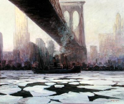 Loď ve zmrzlé vodě pod Brooklynským mostem (olej na plátně) od Walter Koeniger
