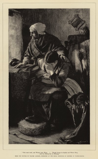 Muži musí pracovat a ženy plakat, i když bouře jsou náhlé a vody hluboké a přístavní bar sténá od Walter Langley