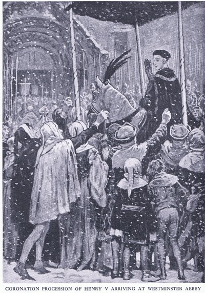 Korunovační průvod Jindřicha V. přijíždějícího do Westminsterského opatství 1413, z Cassells History of the British People vydané společností Waverley Book Company Limited, kolem roku 1940 od Walter Paget