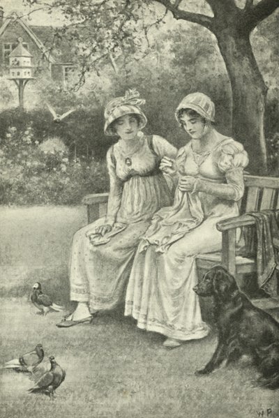 Jane Austen, šití, se svou sestrou Cassandrou v zahradě fary (litho) od Walter Paget