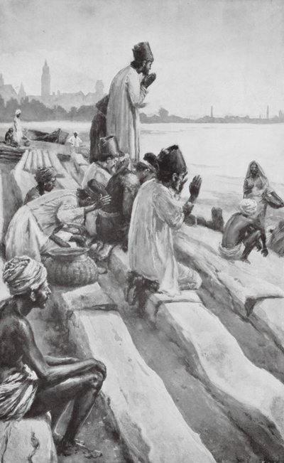 Parsové uctívající vycházející slunce na pláži v Bombaji (litografie) od Walter Paget