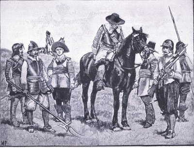 Types of Cromwellian Soldiery, ilustrace z The History of the British People vydané nakladatelstvím Waverley, kolem roku 1940 (litho) od Walter Paget