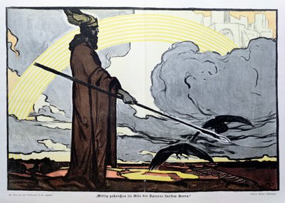 Odin se svými dvěma vránami, Huginem (myšlenka) a Muninem (paměť). od Walter Puttner