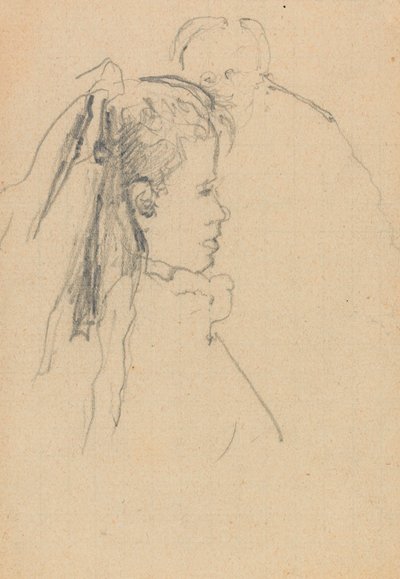 Hlava a poprsí dívky z profilu vpravo, hlava muže, celá vpředu, vzadu (grafit na papíře) od Walter Richard Sickert