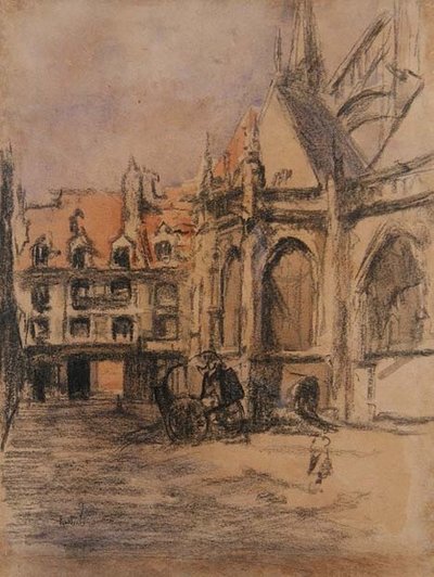 Rue Sainte Catherine a staré arkády, Dieppe, kolem roku 1900 (uhl a akvarel) od Walter Richard Sickert