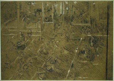 Studie pro publikum k filmu „The Old Middlesex“ kolem roku 1906-07 (hnědá a bílá pastelka, pero a černý inkoust na hnědém papíře) od Walter Richard Sickert