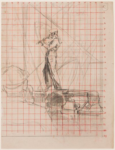 The Violinist, 192223 (tužka na papíru čtverečkovaná pro přenos červeným inkoustem) od Walter Richard Sickert