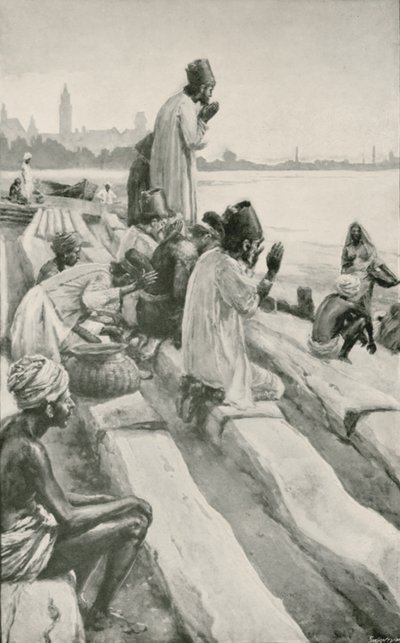 Parsis uctívající vycházející slunce na pláži v Bombaji od Walter Stanley Paget