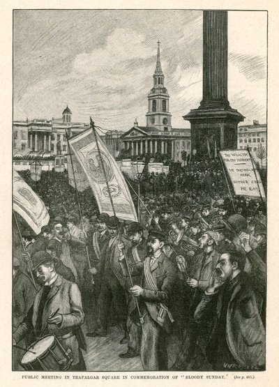 Veřejné shromáždění na Trafalgarském náměstí na památku Krvavé neděle (rytina) od Walter Westley Russell