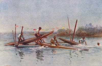 Nový Zéland: Kanoistický závod s překážkami (barevná litografie) od Walter Wright