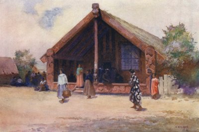Nový Zéland: Nový Zéland: Carved House, Ohinemutu (barevná litografie) od Walter Wright