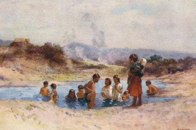 Nový Zéland: V horkém bazénu (barevná litografie) od Walter Wright