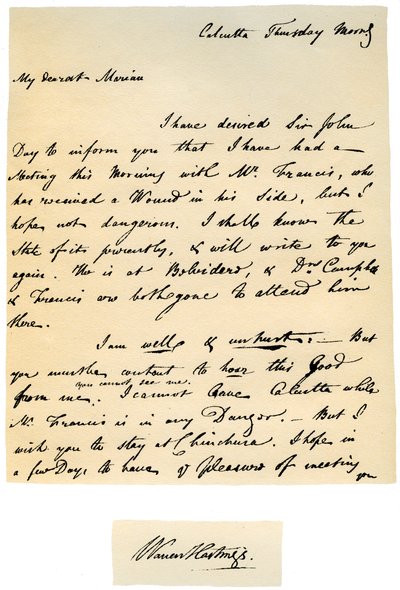 Dopis od Warrena Hastingse, generálního guvernéra Bengálska jeho manželce, 17. srpna 1780. od Warren Hastings