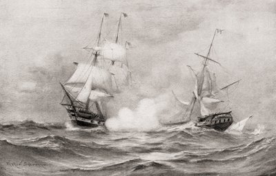 Boj mezi USS Constitution a HMS Guerriere, během války v roce 1812, přibližně 400 mil jihovýchodně od Halifaxu, Nova Scotia, z Historie naší země, publikovaná v roce 1905 od Warren Sheppard