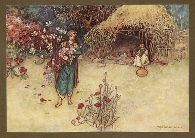 Deska 17: "Za úsvitu první trhal květiny", z Lidových příběhů Bengálska... S 32 barevnými ilustracemi od Warwicka Gobleho. (Luxusní vydání.) od Warwick Goble