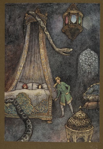 Deska 3: "Vyběhl ze svého úkrytu a zabil hada", z Lidových příběhů Bengálska... S 32 barevnými ilustracemi od Warwicka Gobleho. (luxusní edice) od Warwick Goble