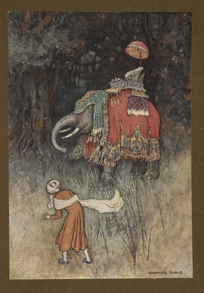 Deska 8: „Najednou mu slon nádherně přeběhl přes cestu“, z Lidových příběhů Bengálska... S 32 barevnými ilustracemi od Warwicka Gobleho (Edice de luxe) od Warwick Goble