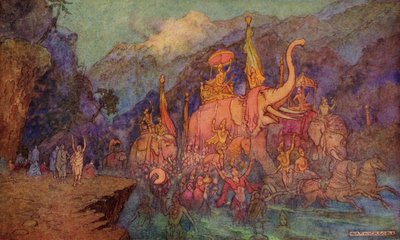 Návrat hrdinů zabitých v bitvě za osmnáct dní, ilustrace z knihy "Indian Myth and Legend" od Donalda A. Mackenzieho, vydané v roce 1913. od Warwick Goble