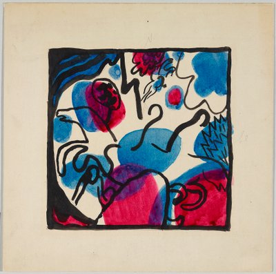 Návrh na barevný dřevoryt „Tři jezdci v červené, modré a černé“ od Wassily Kandinsky