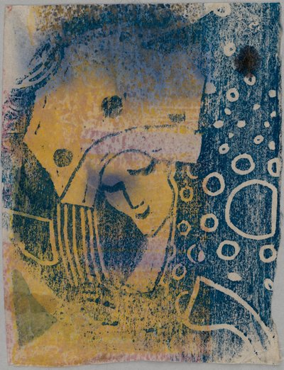 Farbholzschnitt-Probedrucke; Vorderseite: Frauenkopf mit großer Haube, Hintergrund mit Kreismusterung; Rückseite: Hand, stehende Gestalten od Wassily Kandinsky
