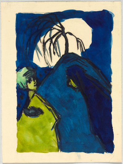 Zwei Gestalten vor Hügel mit Baum und weißer Wolke; Begegnung od Wassily Kandinsky