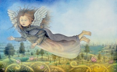 Létající víla nad krajinou (tužka a barevné pastelky na papíře) od Wayne Anderson