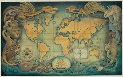 Mapa světa fantazijních bytostí, 2008 (kombinovaná technika na umělecké desce) od Wayne Anderson