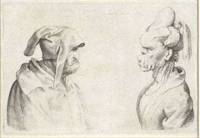Deformované hlavy muže s poddajným kloboukem a ženy se svázanými vlasy Varie figurae et probae (název série) Karikatury, hlavy a deformace po Leonardu da Vinci (název série) od Wenceslaus Hollar (attributed to)